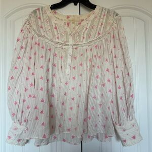 LoveShackFancy Cream and Pink Floral Blouse romantic boho size small